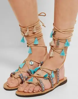 

Summer Newest Style Multi-color Flat Sandals Clip-toe Lace-up Fringe Colorful Pompom Flat Sandal Flat Beach shoes woman Free Shi