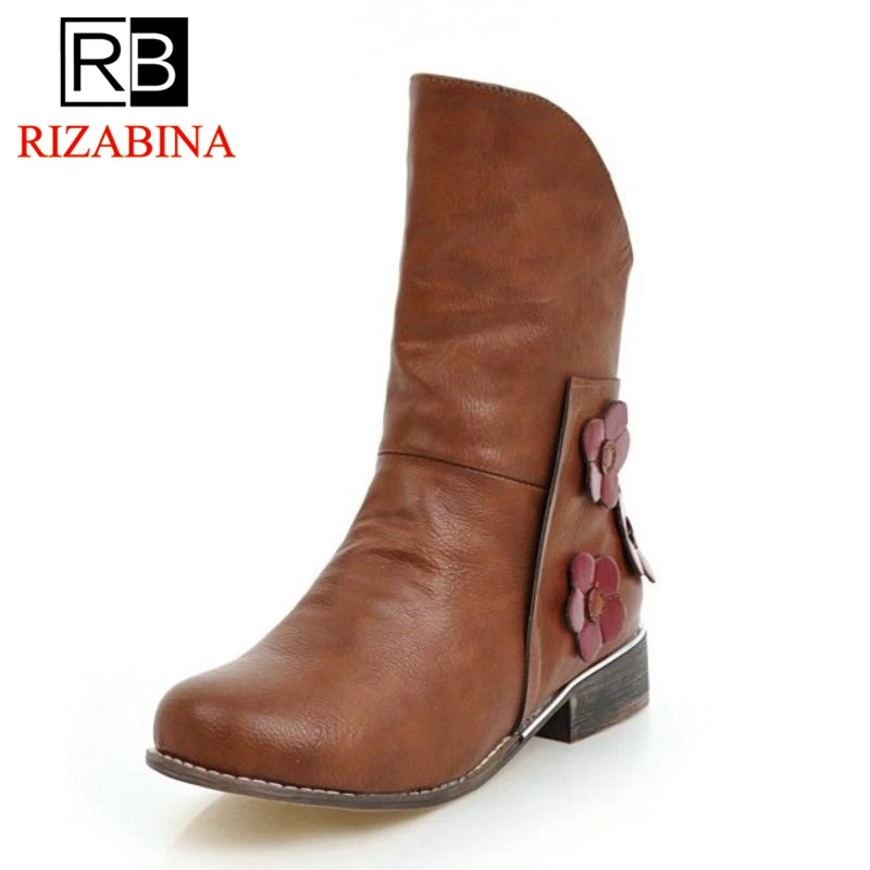 

RizaBina Size 34-46 Women Flats Boots Round Toe Shoes Woman Flowers Ladies Mid Calf Boots Short Botas Winter Women's Shoes
