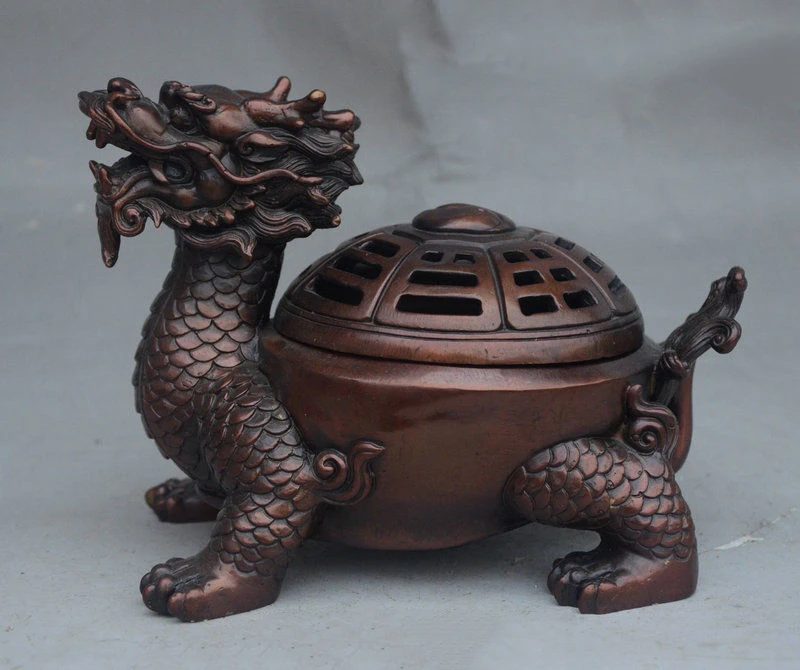

7" Chinese Pure Bronze Longevity Dragon Turtle Statue Incense Burner Censer