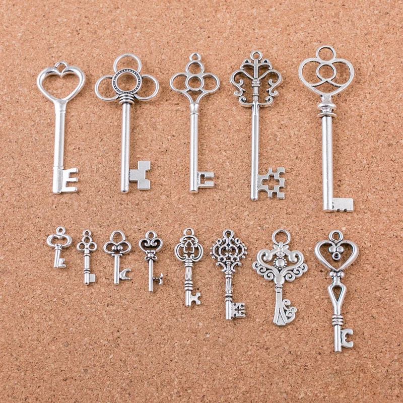 13 Pcs Vintage Charms Mixed Keys Pendant Antique Bronze Key Charms Fit