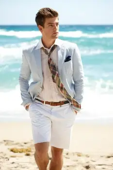 Cena Najnowszy Garnitur Fasony Spodni Jasnoszary Pościel Mężczyźni Garnitur Krótkie Spodnie Slim Fit 2 Sztuka Casual Plaża Tuxedo Garnitury Na Zamówienie Terno Masculino