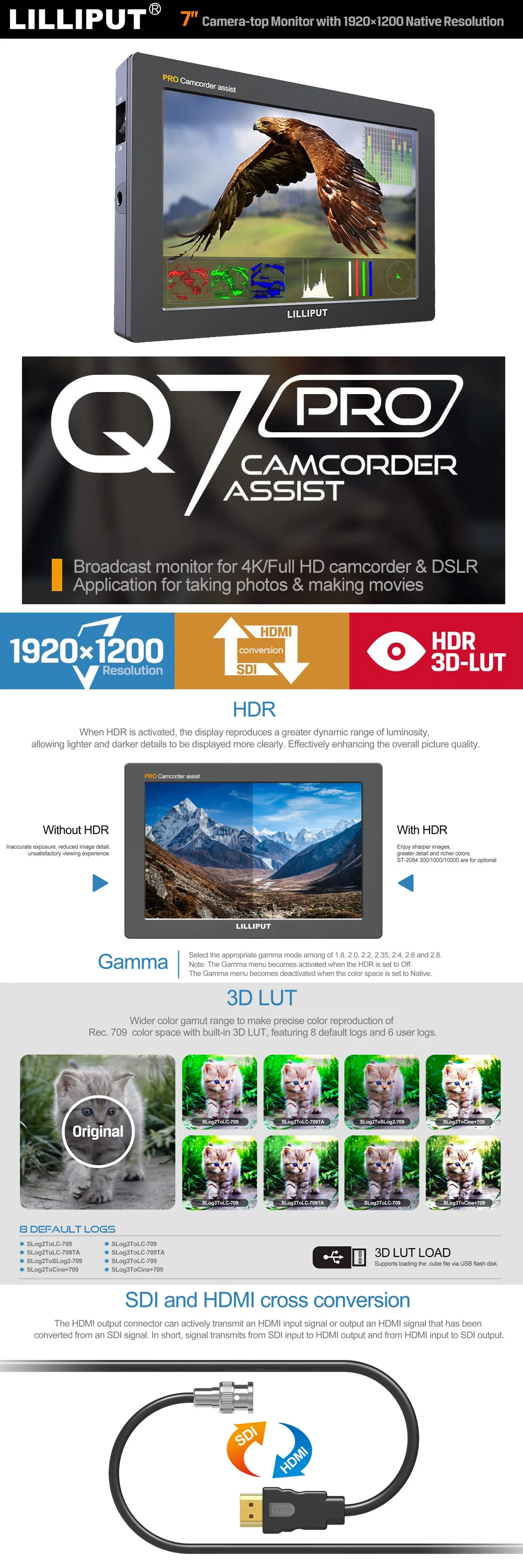 Lilliput Q7 Pro 1920*1200 3D-LUT HDR Цвет пространство 3G-SDI HDMI Cross преобразования 7 дюймов с полевым монитором