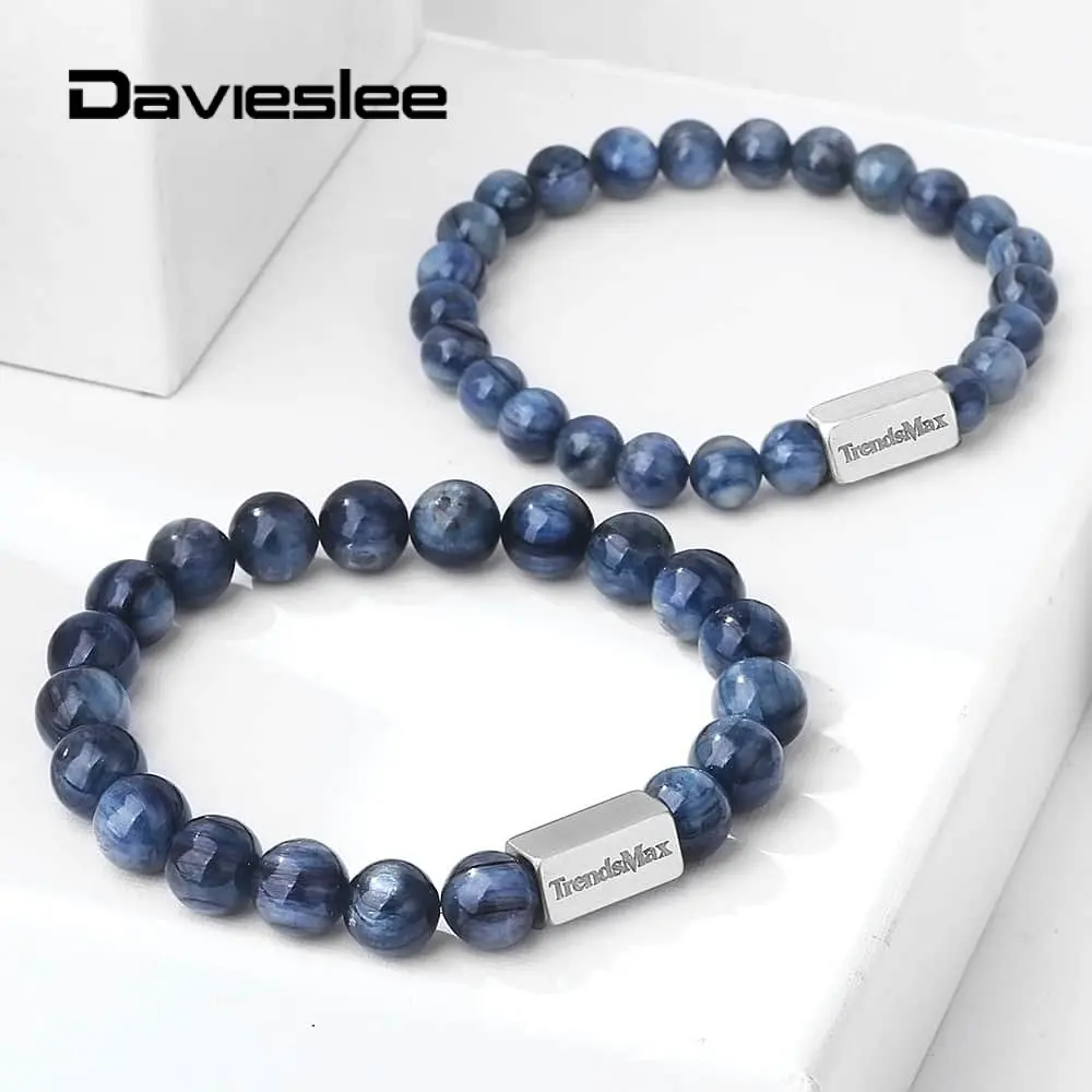

8/10mm Mens Bracelets Stretch Natural Blue Kyanite Stone Stainless Steel Bead Bracelets for Men Link Chain Jewelry LTBB00118