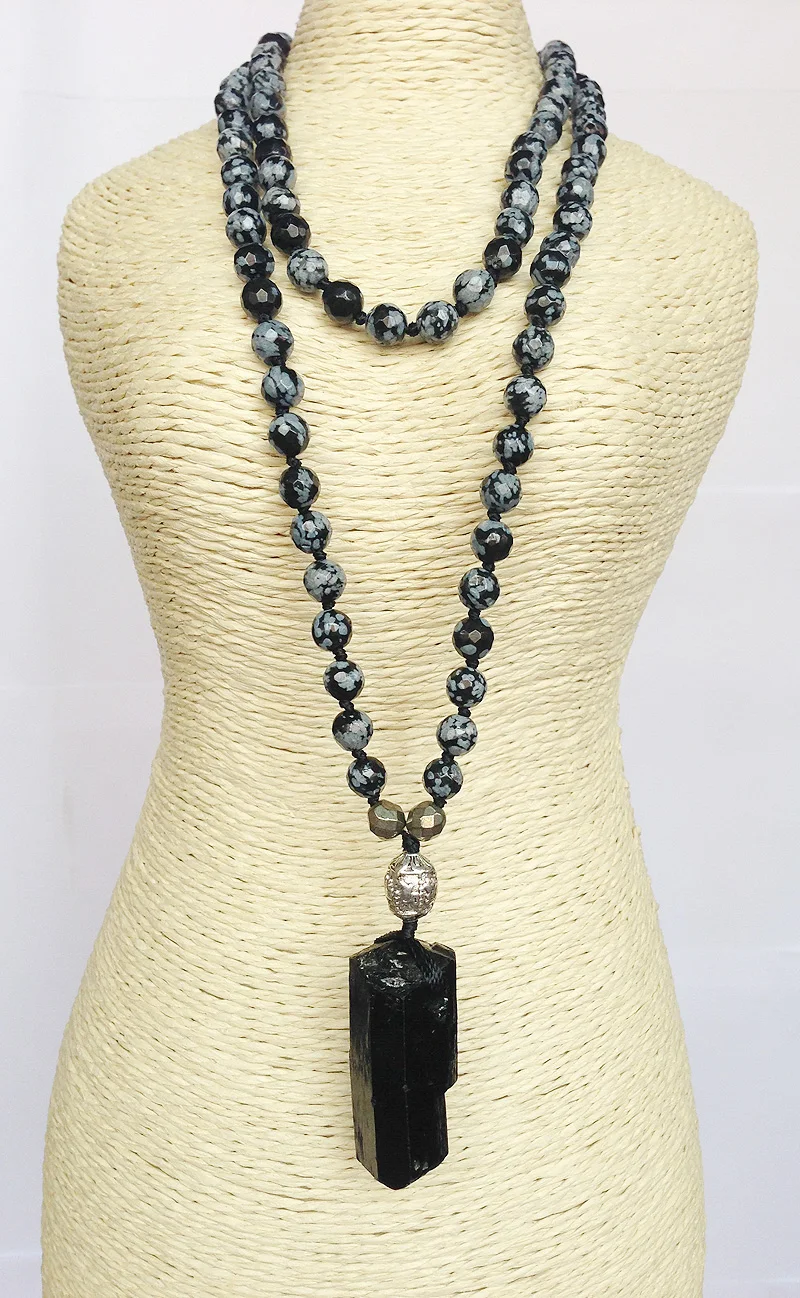 

YA2253 Natural Black Tourmaline Pendant Snowflake Obsidian Pyrite Beads Knot Beads Handmade Necklace 30inch long