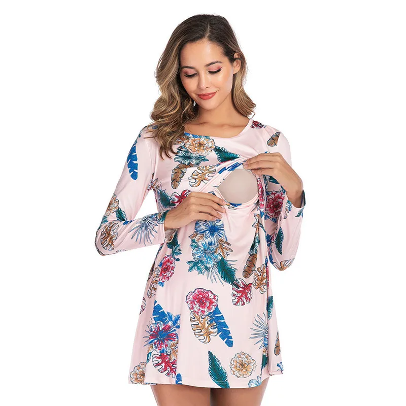 Одежда для грудного вскармливания; Хлопковая женская блузка с длинными рукавами и принтом для беременных; ropa premama embarazadas A1 - Цвет: Розовый