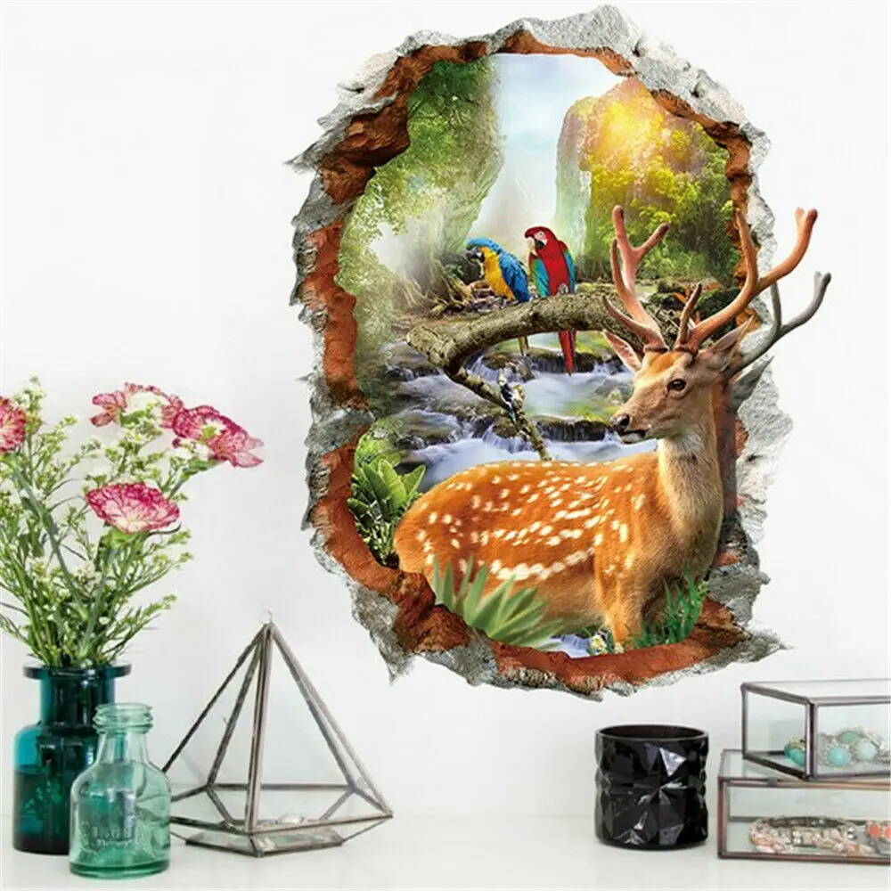 

3D Jungle Animals Large View Wall Sticker Green Golden Tree Removable Wallpaper Home Decal Home Decor 2019 new