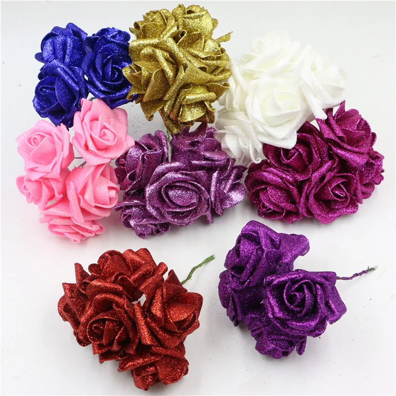 6CM GLITTER FOAM ROSES WITH STEMS Artificial Gliter Flowers Party wedding decor 