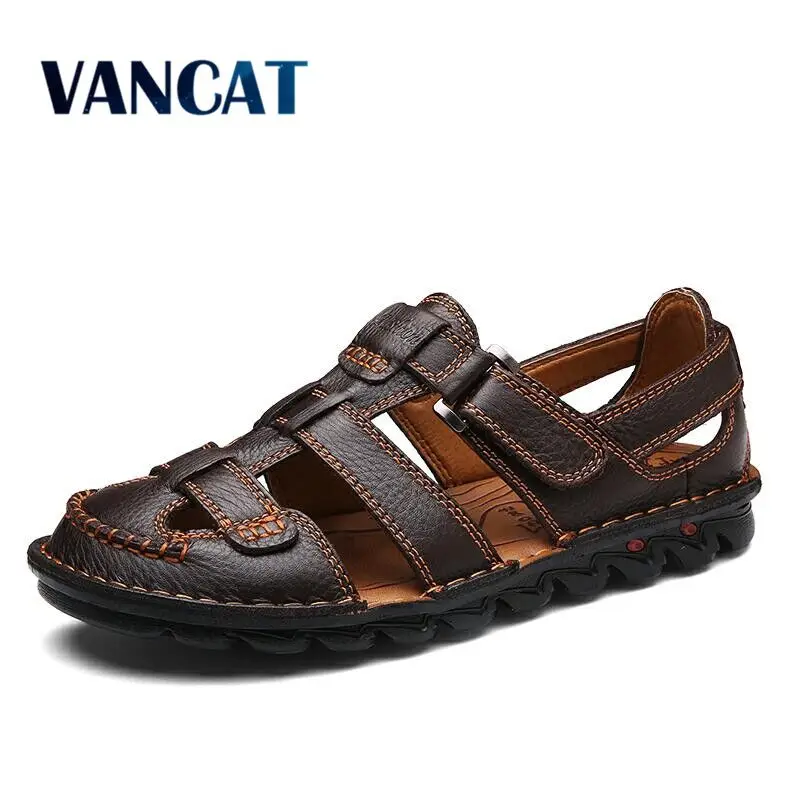 preço VANCAT Handmade Confortáveis dos homens do Verão Dos Homens Sandálias de Couro Genuíno Macio Sapatos De Costura Retro Casuais Sapatos de Praia Tamanho Grande 38 46