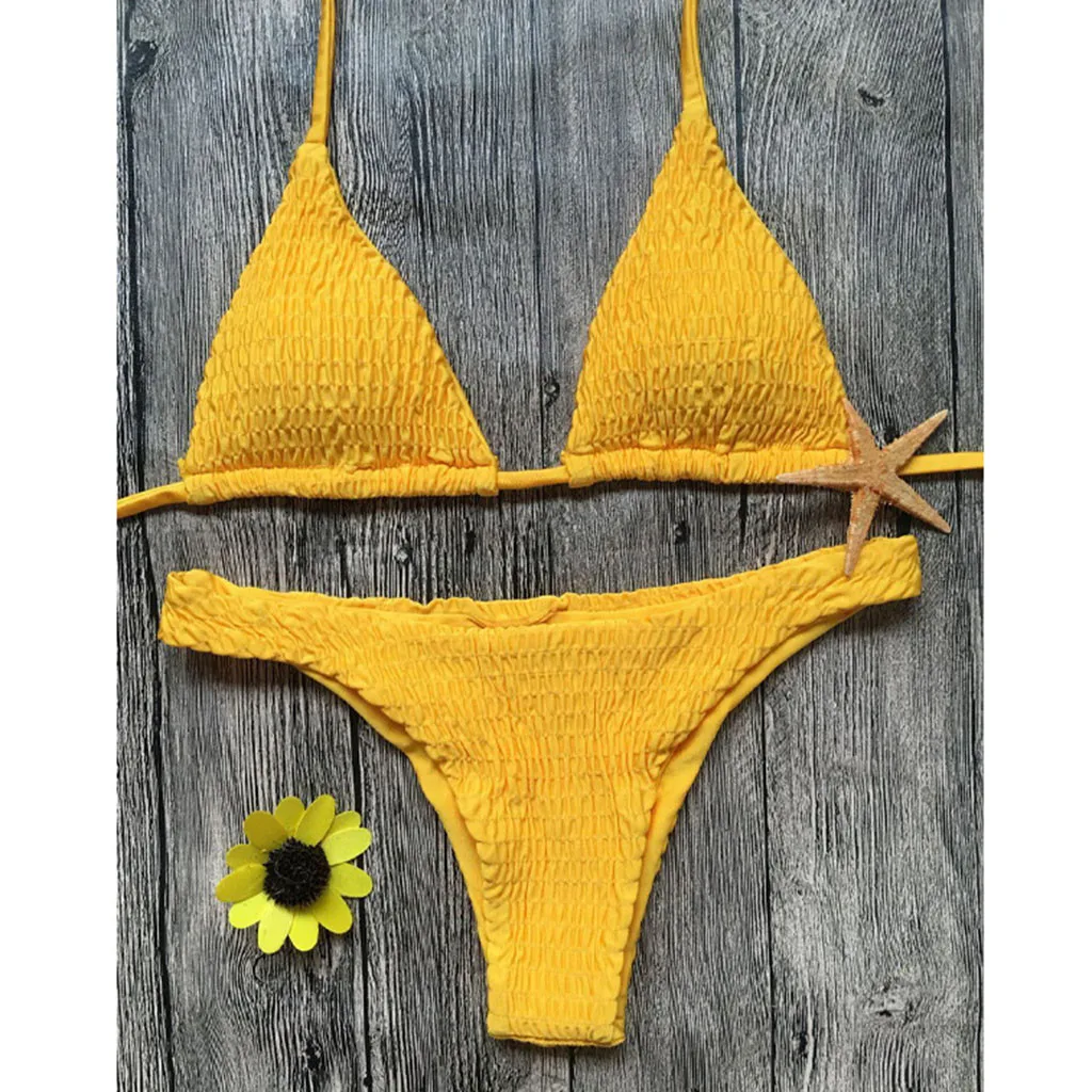 

Sexy Pleated Bikini set Solid swimwear Women Push Up Swimsuit Off Shoulder Biquini Hot sale 2019 newest Causal tankini mujer#070