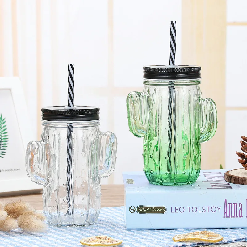 

450ml Creative Cactus Mason Cup Personality Straw Cup Transparent Cover with Handle Juice Drink Cup Korean Style Cold Drinks Cup