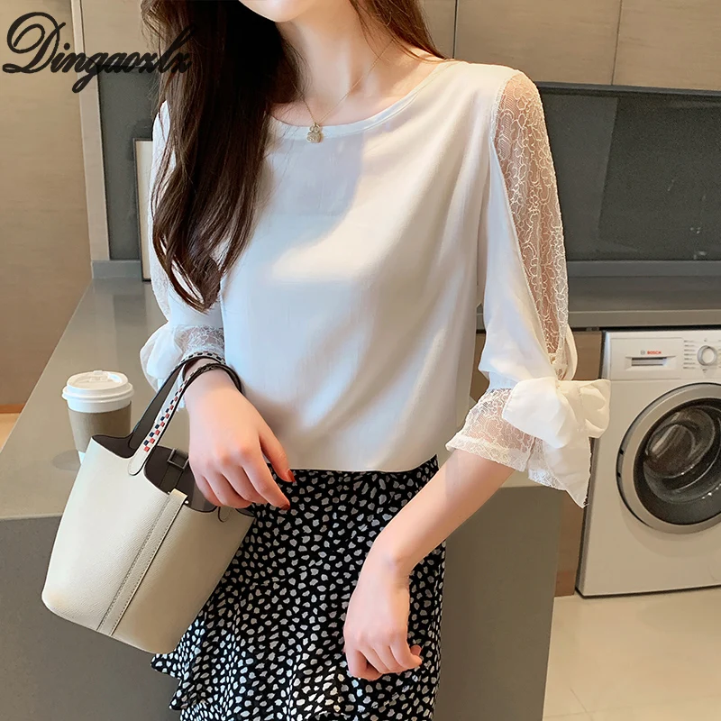 

Dingaozlz Summer Autumn New Bow tie Chiffon shirt Stitching Lace blouse Elegant White Women Tops Casual clothing