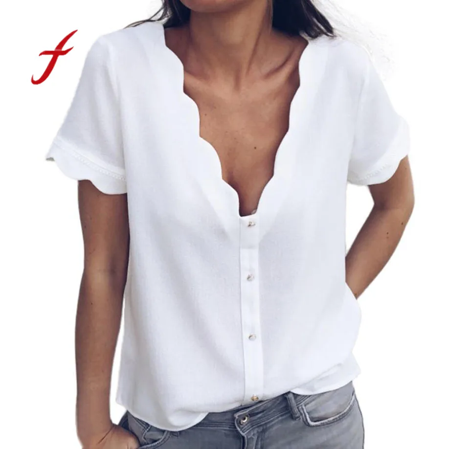 

2018 newest Vogue Casual Breathable T shirt Chiffon Button White V Neck Lace Sexy Short Sleeve Tops Causal t-shirts