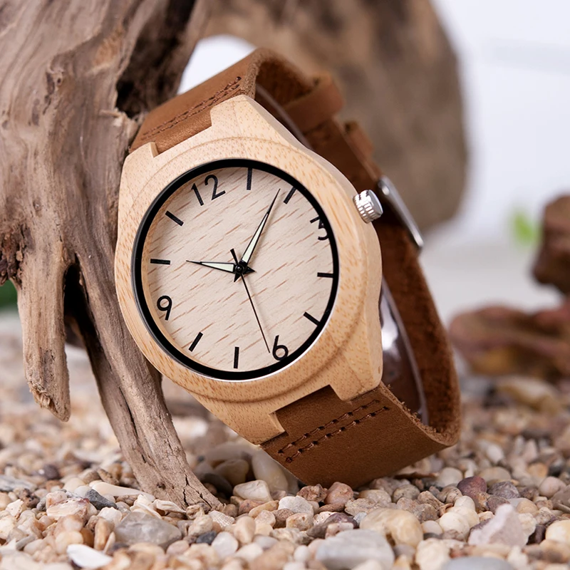 BOBO BIRD New Arrival Men Wooden Wristwatches Hand-craft Watch Luminous Hands with Genuine Leather Strap In Gift Box As Gift