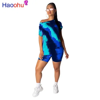 

HAOOHU Tie Dye Sexy 2 Piece Outfits for Women Summer Clothes Loose Top and Biker Shorts Suit Two Piece Matching Sets Tracksuit