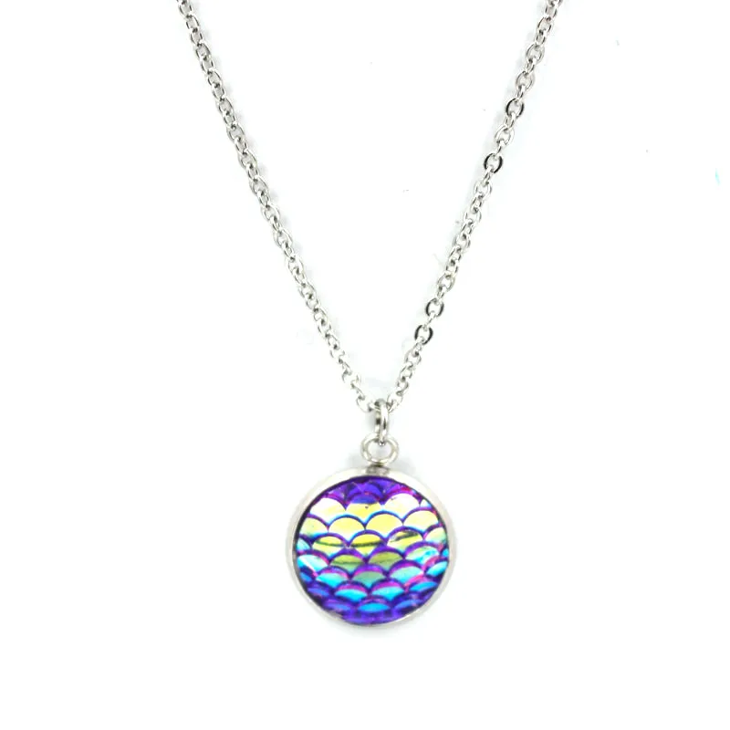 FnixtarResin Mermaid Fish /Dragon Scale Dome Seals Charm Pendant Stainless Steel Necklaces For Women 16mm 20Piece/Lot|stainless steel necklace|steel