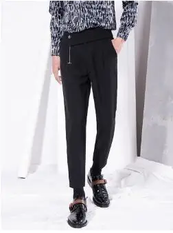 Черный M~ 3XL новая мужская одежда мода для волос стилист Нерегулярные Мужской тренд Тонкий девять футов брюки - Цвет: Черный
