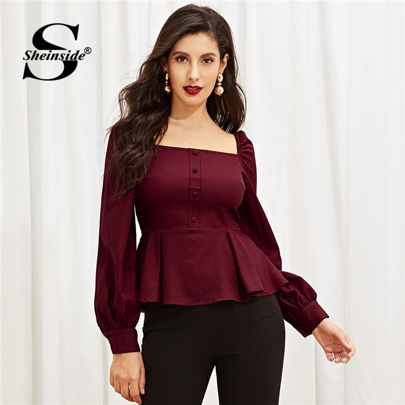 

Sheinside Elegant Blouse Women Shirts Zip Back Button Front Peplum Top Female Square Neck Slim Fit Long Sleeve Tops and Blouses