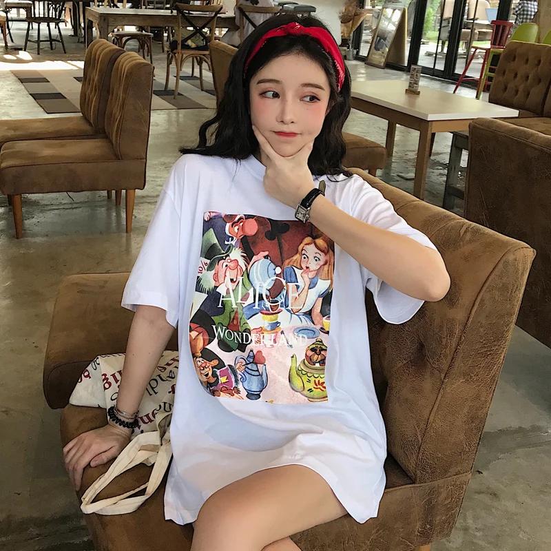 

Casual Cartoon Print Loose Short-sleeved T-shirt Women's T-shirts Korean Ulzzang Sweet Female Kawaii Ins Chic Top For Women Cute