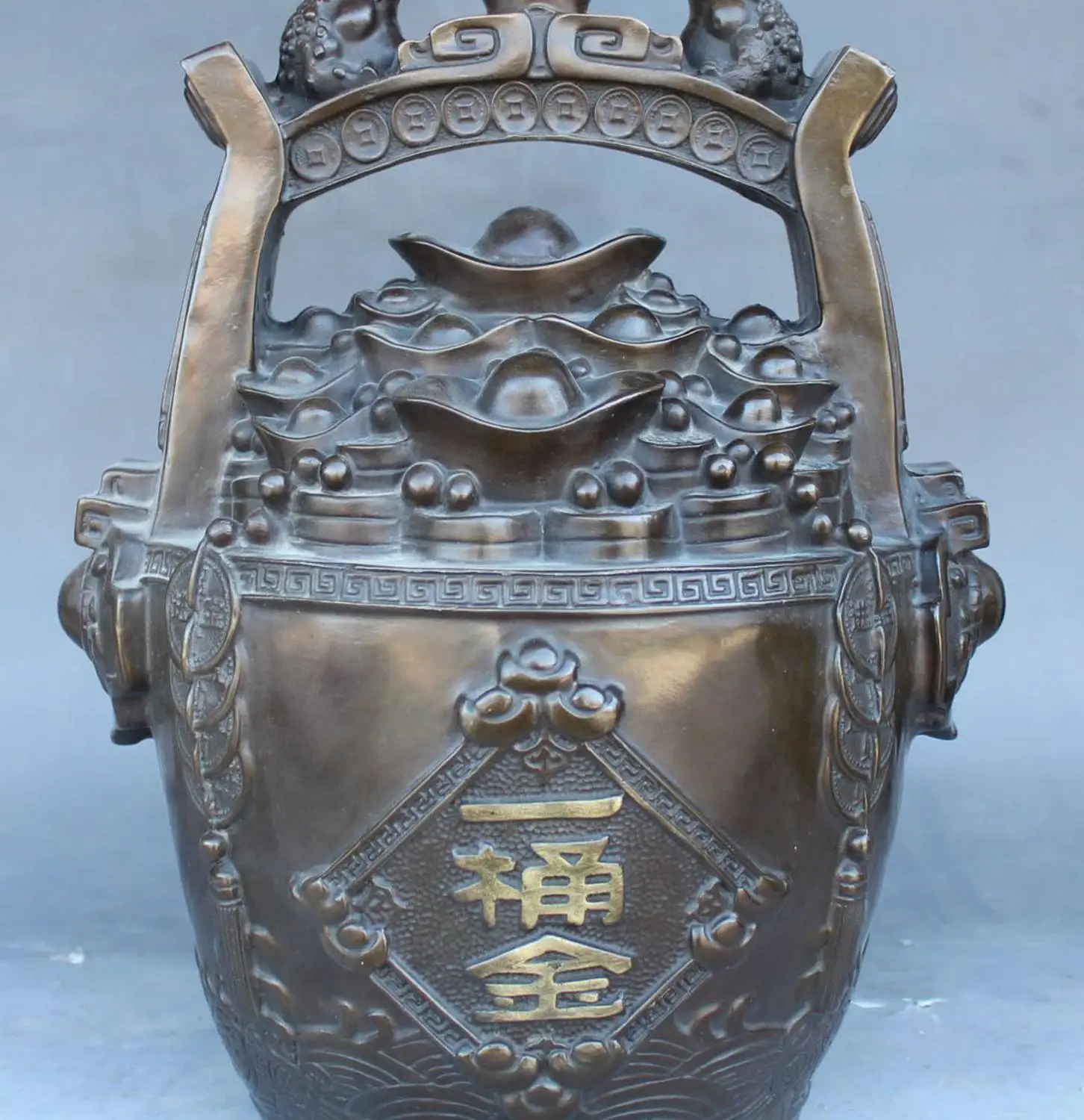 14" Chinese Pure Bronze Wealth Yuanbao Money Cicada Toad Barrel Bucket Statue