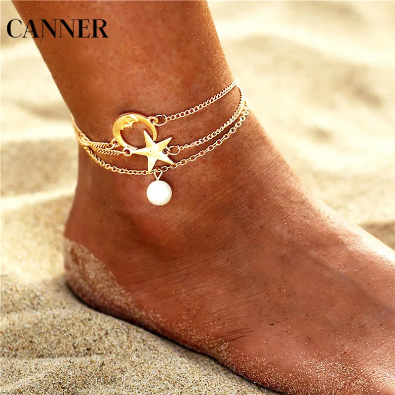

Canner Women Pearl Pendant Anklets Boho Style Stars Moon Gold Color Multilayer Foot Chain Bracelet Beach Accessories