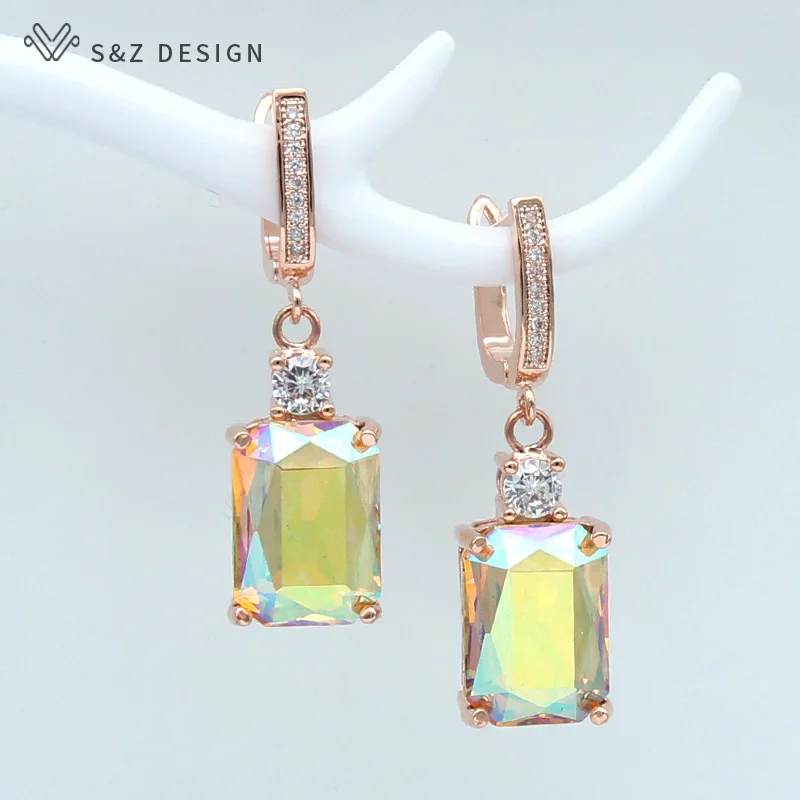 S&Z New Square Imitation Crystal 585 Rose Gold Dangle Earrings Temperament Personality For Women Wedding Party Fashion Jewelry