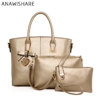

ANAWISHARE Women Leather Handbags Composite Bags Black Shoulder Bags Ladies Designer Tote Bags 3 Sets Bolsas Femininas W8952d