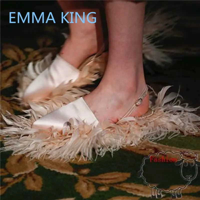 

2019 Fashion Feather Casual Women Loafers Poinetd Toe Ankle Strap Ladies Slingbacks Runway Shoes Woman Luxury Silk Flats Sandals