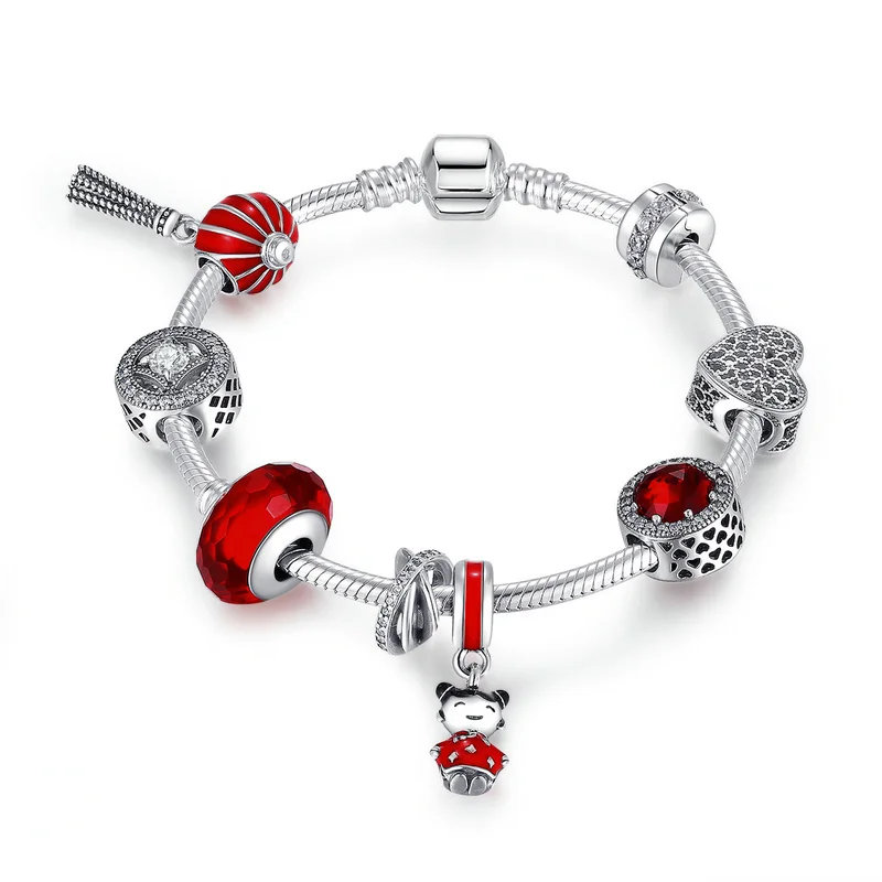 

New Arrivals Chinese New Year Lantern,Doll, Clear CZ & Red Enamel Charm Bracelet Sterling Silver Jewelry PSB011