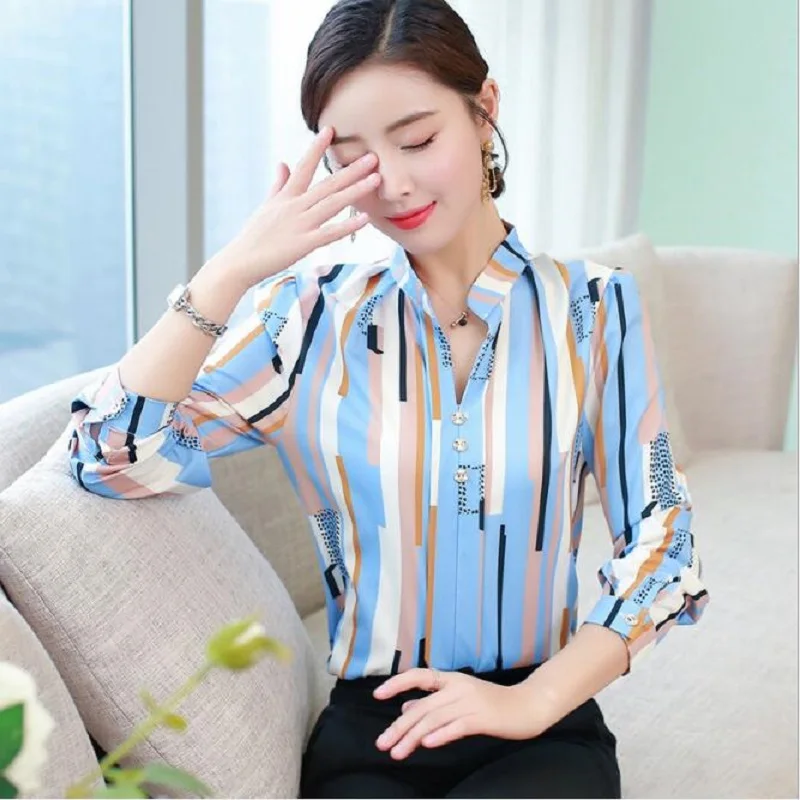 

Women Blouses 2019 Fashion Long Sleeve Stand Collar Office Lady Shirt Casual Tops Plus Size Elegant Female Blouse Striped Print