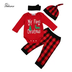 4 предмета; одинаковый пижамный комплект для новорожденных, комбинезон для маленьких мальчиков и девочек, Красная шапка с буквенным