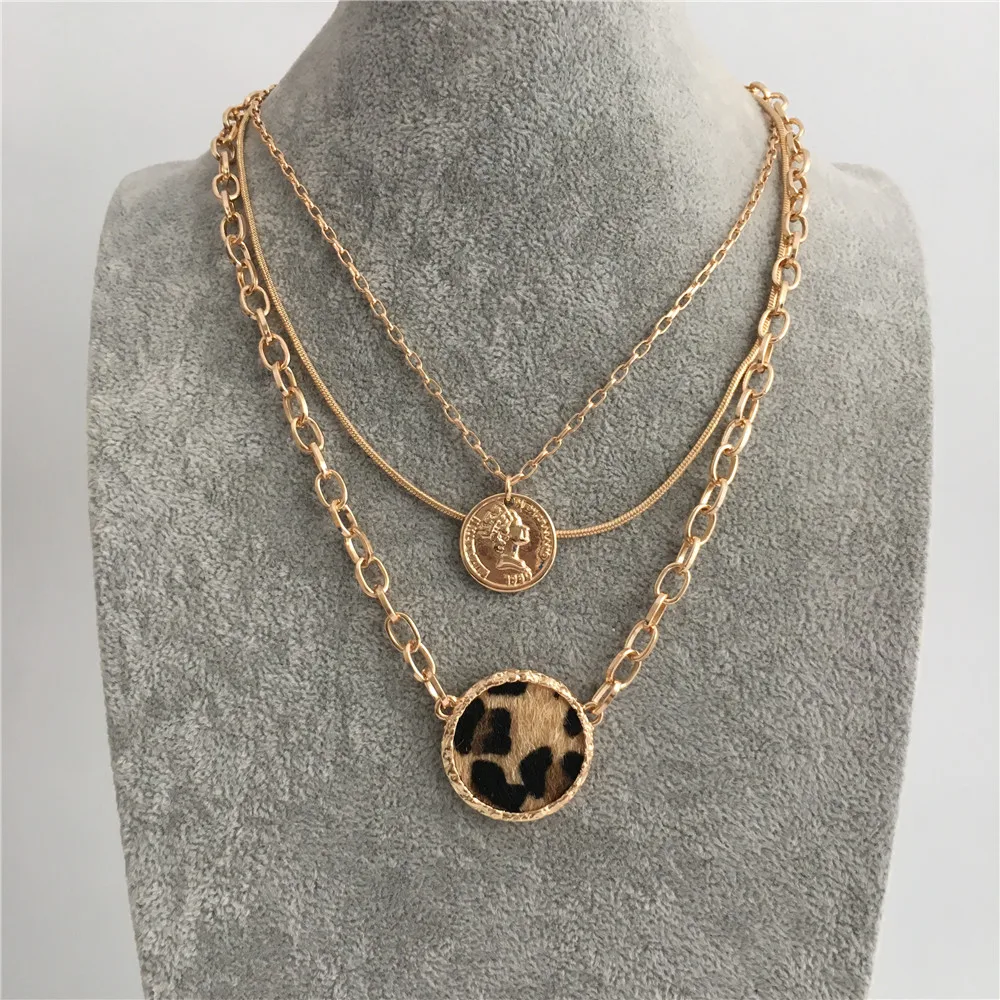 

TRENDY NECKLACE GOLD COLOR PLATING LEOPARD PRINT DISC AND COIN PENDANT LAYERED NECKLACE FOR WOMEN GIRL