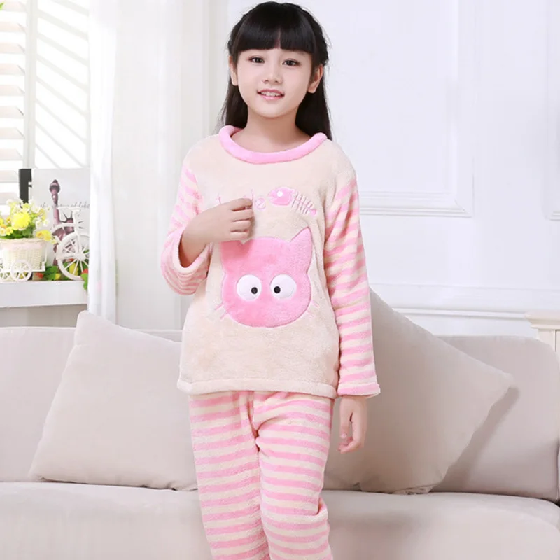 Зимние фланелевые пижамные костюмы для мальчиков и девочек, 23 стиля комплекты детской одежды для сна с милым рисунком домашние пижамы с длинными рукавами и принтом - Цвет: Cat Pink