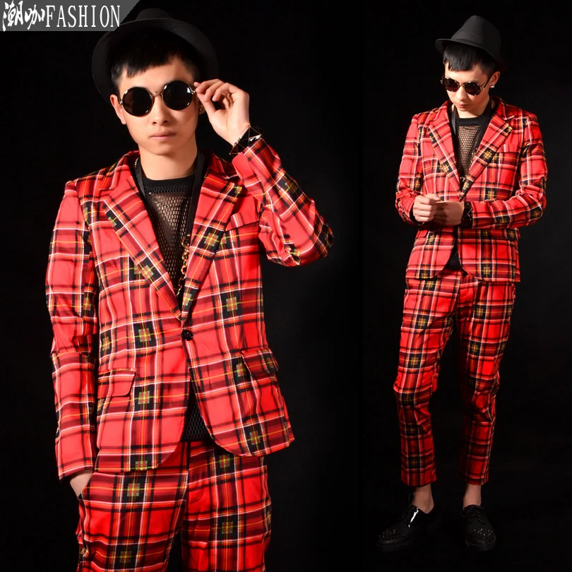 

New Fashion Men's Scottish Style Slim Red blazer Nightclub male singer stage costume jacket party show performance wear