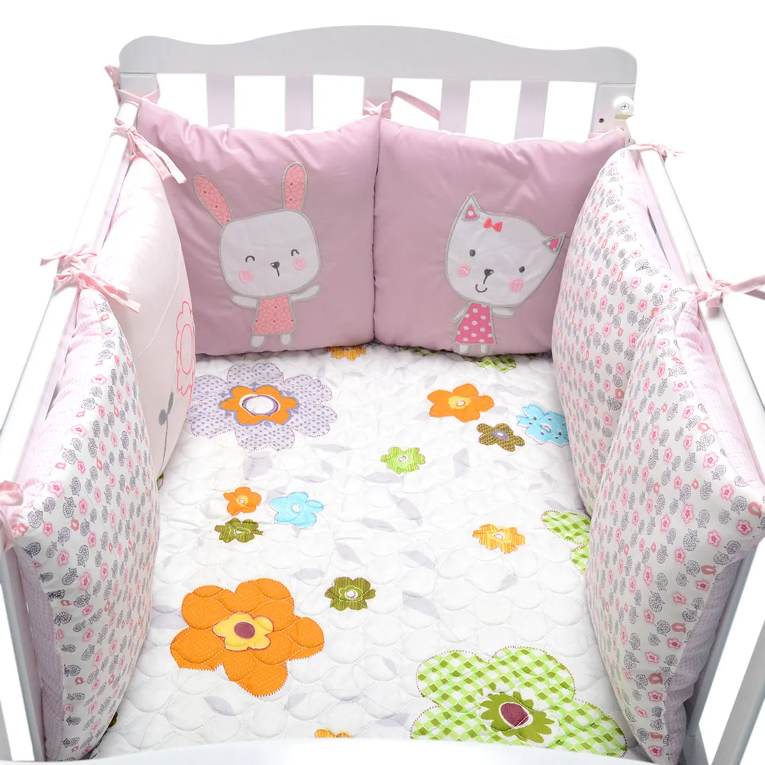 6Pcs/Lot Baby Bed Bumper in the Crib Rabbit Flowers Baby Bedding Bumper Bed Breathable Crib Bumper for Baby Girls Boys