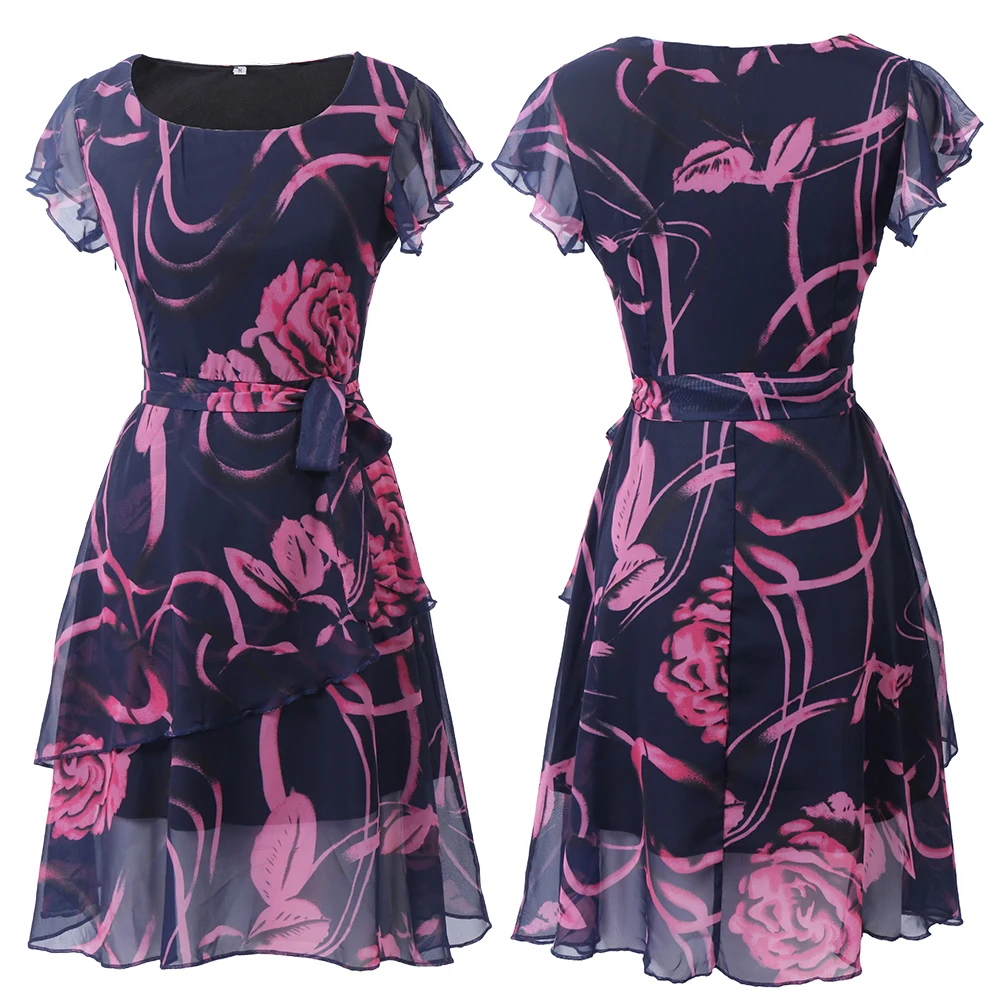 FEIBUSHI Summer Chiffon Dress Large Outer Space Casual Floral Print Women Dress Round Neck Printed Bowknot Chiffon Skater Dress FEIBUSHI Summer Chiffon Dress Large Outer Space Casual Floral Print Women Dress Round Neck Printed Bowknot Chiffon Skater Dress