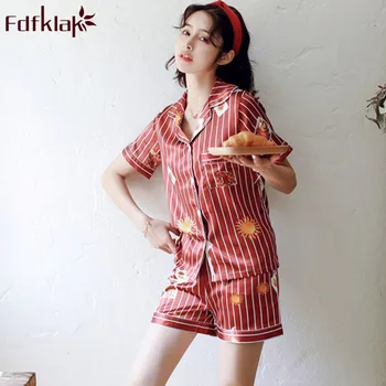 

Fdfklak Cute cartoon silk pyjamas women short sleeve pajamas for women summer sleepwear set student's nightwear pijama mujer