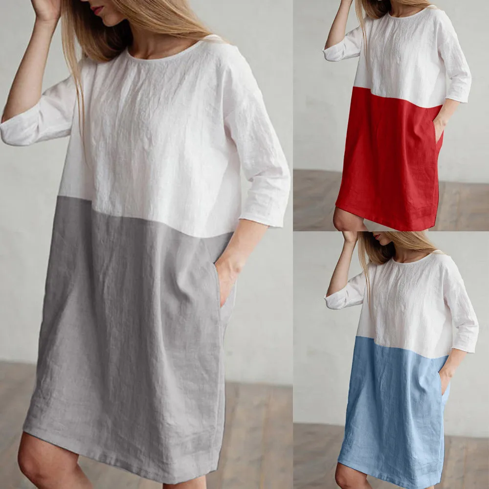 

Ladies Summer Dresses Loose Midi Dresses For Women Chiffon Women Casual Patchwork Loose Pockets Tunic Dress W404