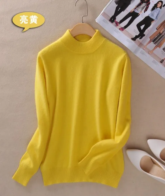 Осенний и зимний женский кашемировый свитер с полувысоким воротником, Короткие комплекты, свитер для самостоятельного выращивания, Одноцветный wi - Цвет: Bright yellow