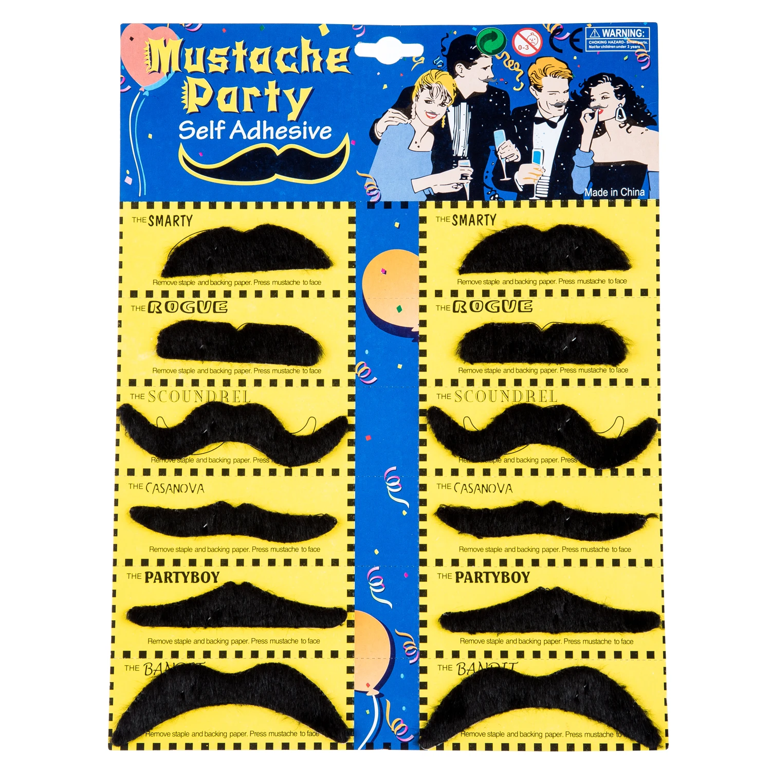 12 Pack Self Adhesive Assorted Fake Moustache / Mustache Set Fancy