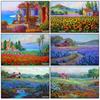 

5D Diamond Mosaic Landscape Seaside Field & Flowers Dimensional Embroidery 3D DIY Diamond Painting Nature Scroll Painting