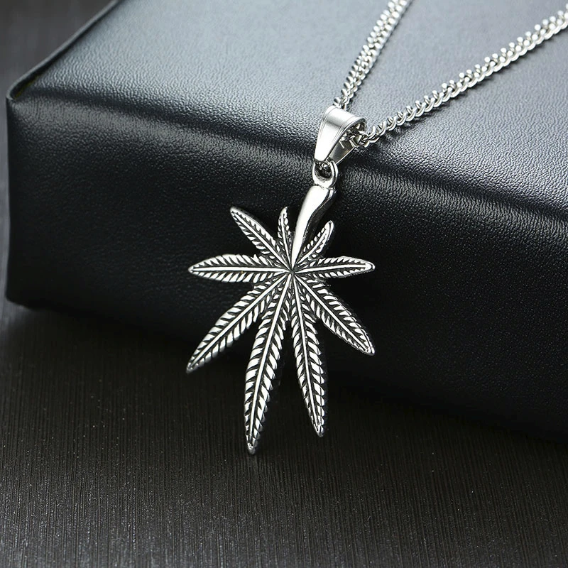 Men Stainless Steel Small Weed Herb Leaf Pendant Chain Necklace