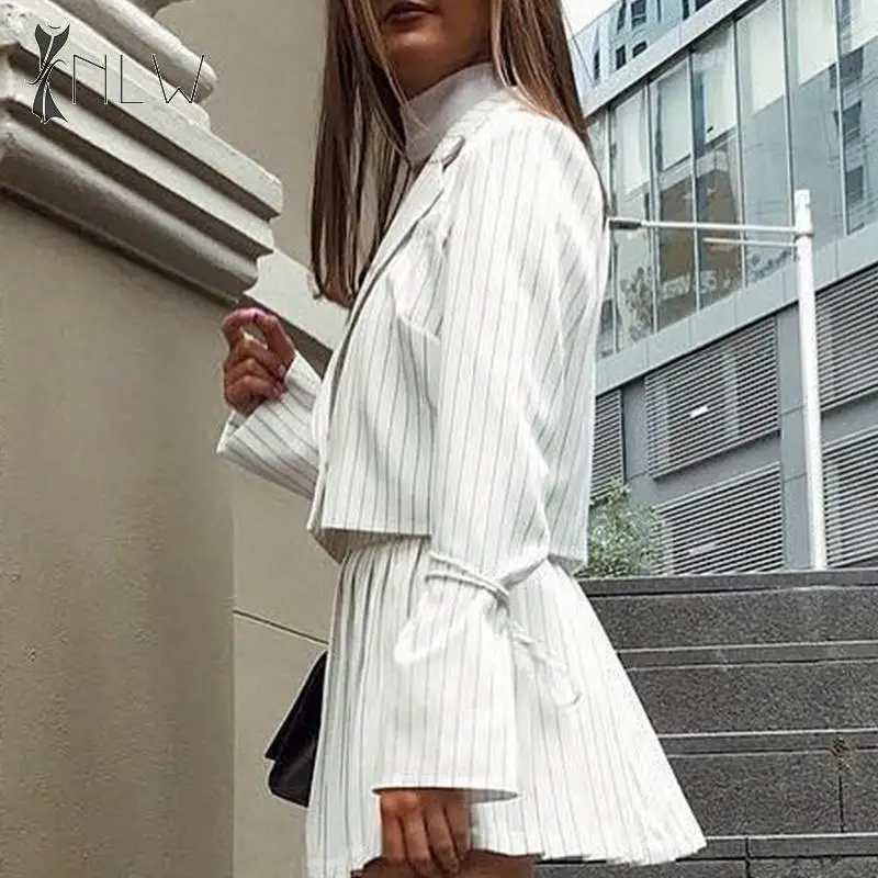 NLW White Stripe Women Blazers Jackets Long Sleeve Short Autumn Winter Blazer Streetwear Pockets Belt Business Blazer