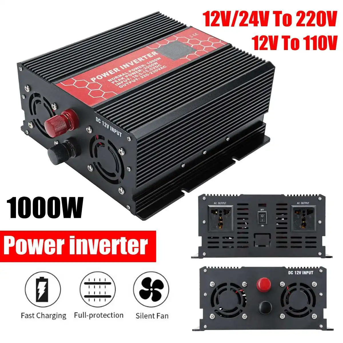 

Intelligent Screen Inverter 12/24V to 110/220V 1000W 20000W Peak- Modified Sine Wave Power Voltage transformer Inverter Converte