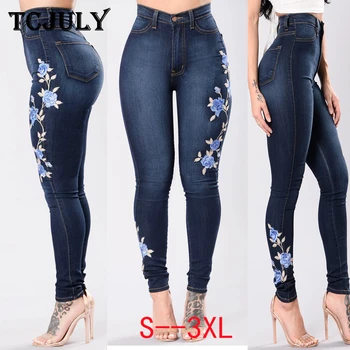 

TCJULY Vintage Rose Flowers Embroidered Jeans Woman Skinny Push Up Stretchy Denim Pencil Pants Streetwear Slim Washed Blue Jeans
