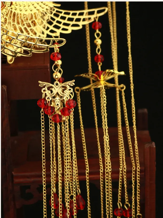 JaneVini Новая роскошная китайская Золотая свадебная корона с серьгами древняя Свадебная заколка с длинной кисточкой Свадебные украшения Аксессуары для волос
