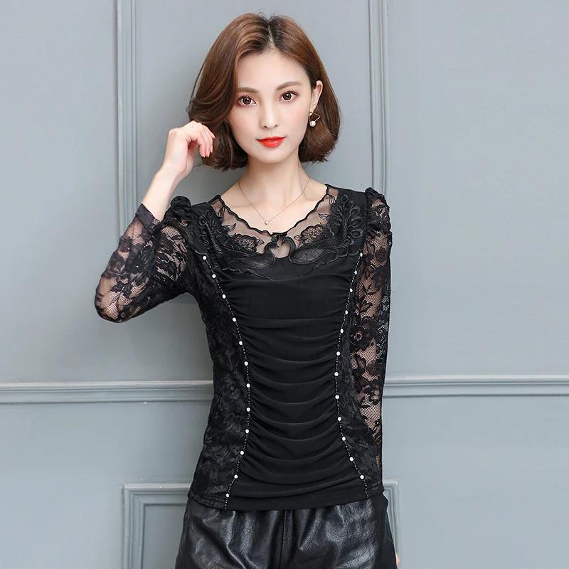 Achat Blusas Femininas 2019 Printemps Été Femmes De Mode Plus La Taille Crochet évider Dentelle Blouse À Manches Longues Noir Slim Tops Chemises y1