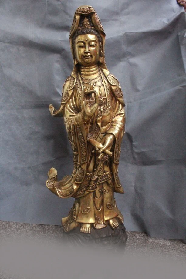 

38" Chinese Buddhism Bronze Gild Stand Kwan-yin Guan Yin Goddess Bottle Vase Sta