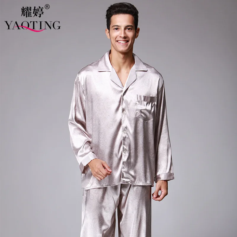 

Men silk full sleeve long pants pajama set classic button pocket turn down print elastic waist pants