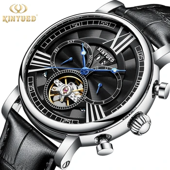 

KINYUED Tourbillon Skeleton Watch Luxury Leather Band Men's Watches Auto Date Mechanical Man Wristwatches Fashion Casual Dress