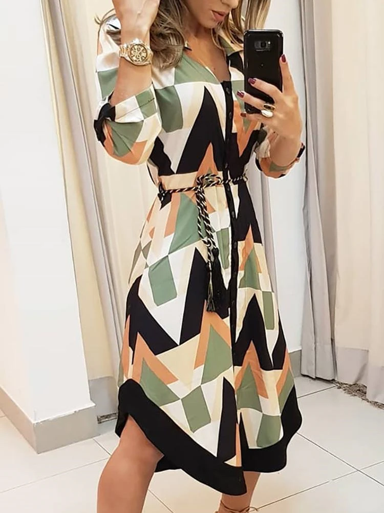 2019 Summer Women Elegant Leisure Midi Shirt Party Dress Ladies Slim Fit Colorblock Geo Print Asymmetrical Casual Dress 2019 Summer Women Elegant Leisure Midi Shirt Party Dress Ladies Slim Fit Colorblock Geo Print Asymmetrical Casual Dress